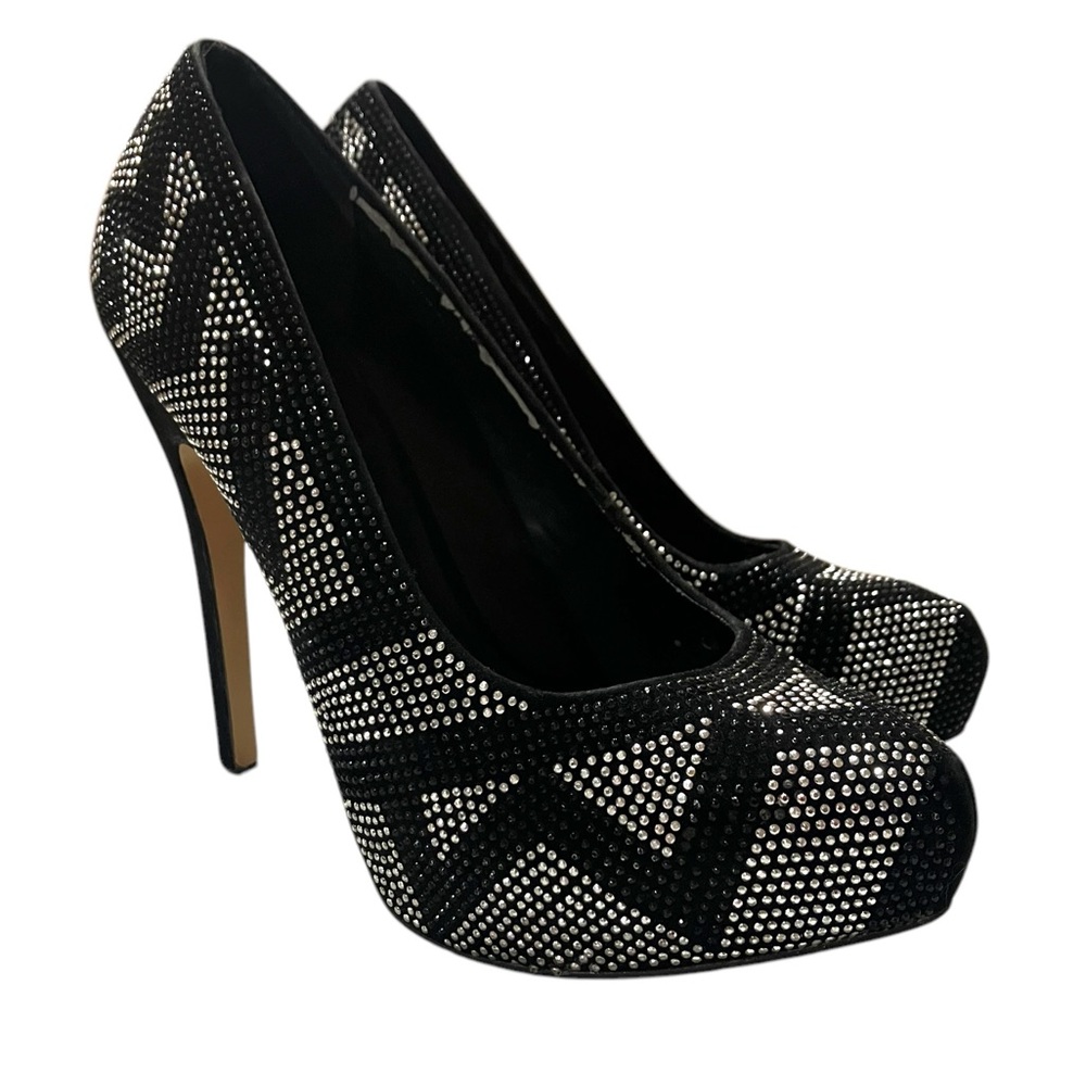 Aldo Black Silver Heels Chevron Rhinestones Zig Zag Platform Pumps Shoes 9